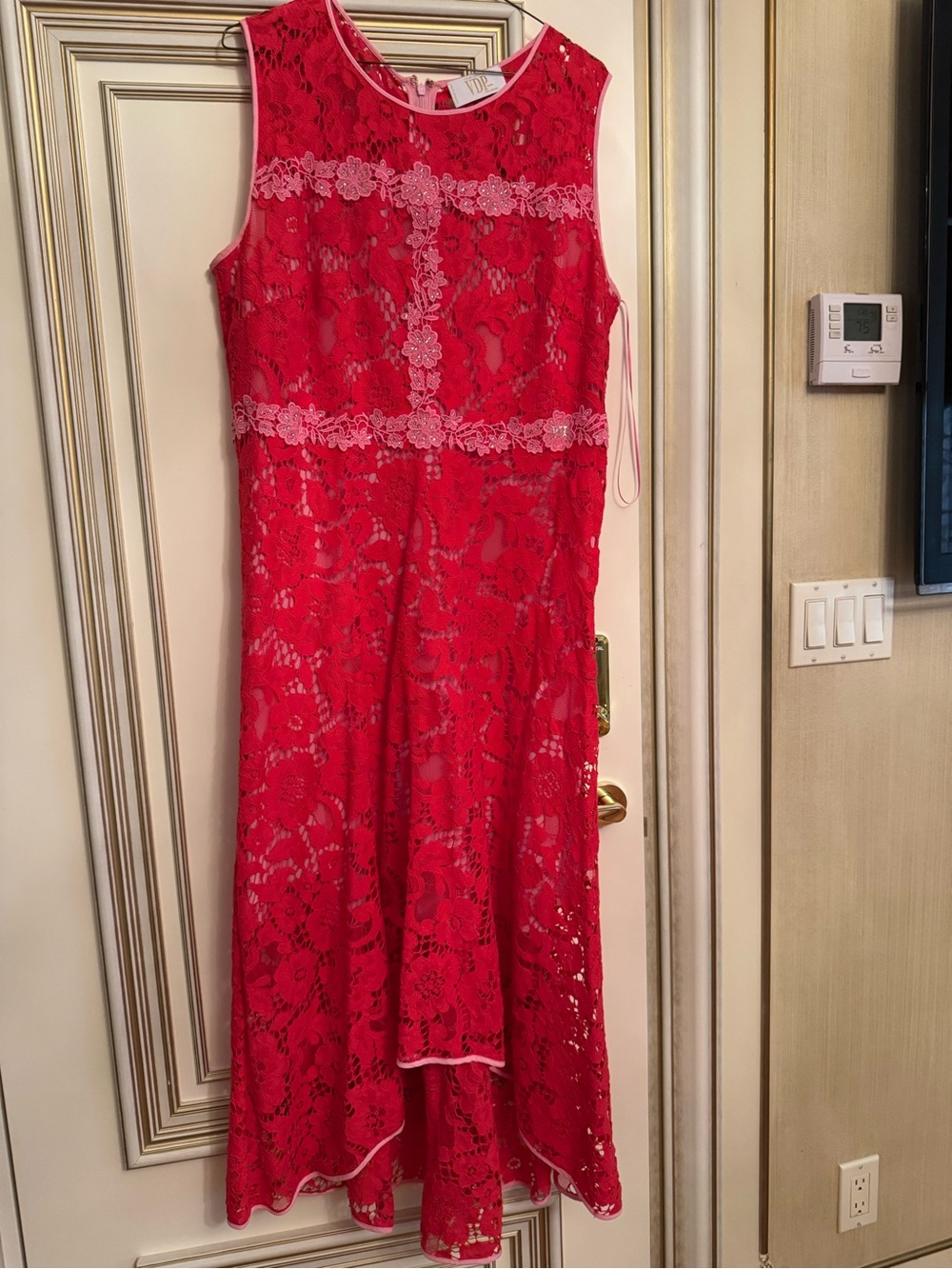 Sleeveless Red Lace High-Low Dress with Floral Trim